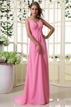 Chiffon V-Neckline Floor Length Empire Dress with Ruffle and Sequins