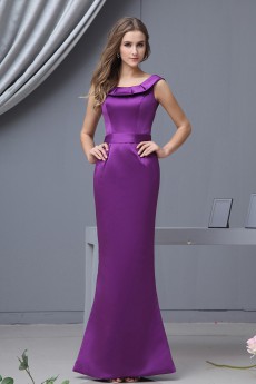 Satin Round Neckline Floor Length Sheath Dress with Ruffle