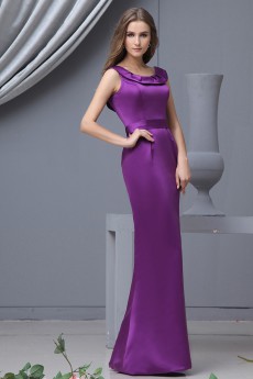 Satin Round Neckline Floor Length Sheath Dress with Ruffle