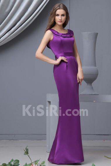 Satin Round Neckline Floor Length Sheath Dress with Ruffle