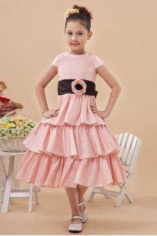 Satin Jewel Neckline Short Princess Dress with Hand-made Flower and Cap-Sleeves