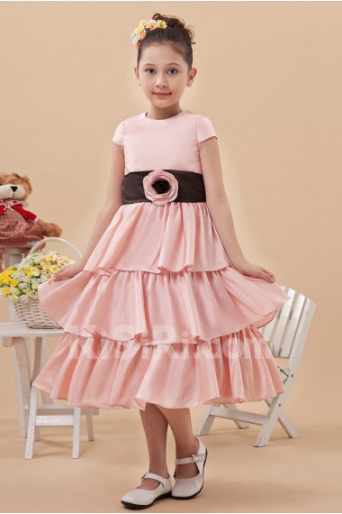 Satin Jewel Neckline Short Princess Dress with Hand-made Flower and Cap-Sleeves