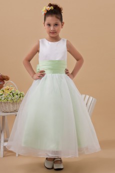 Taffeta and Organza Jewel Neckline Ankle-Length Ball Gown Dress with Bow