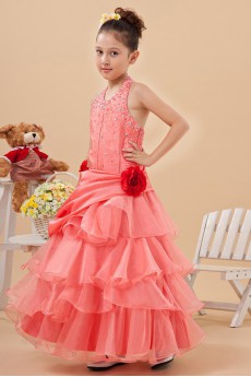 Taffeta and Yarn Halter Neckline Ankle-Length A-line Dresss