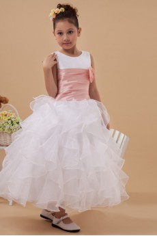 Organza Jewel Neckline Ankle-Length Ball Gown Dress with Hand-made Flower