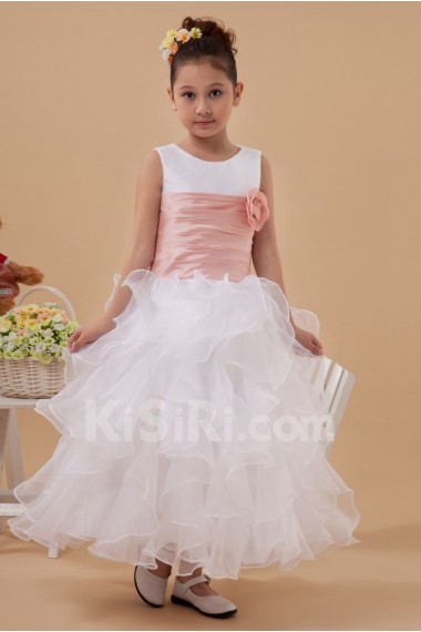 Organza Jewel Neckline Ankle-Length Ball Gown Dress with Hand-made Flower