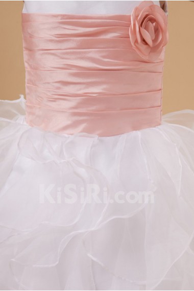 Organza Jewel Neckline Ankle-Length Ball Gown Dress with Hand-made Flower