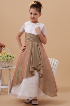 Taffeta and Organza Jewel Neckline Ankle-Length A-Line Dress with Short Sleeves