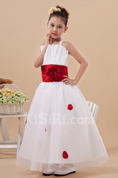 Satin Straps Neckline Ankle-Length A-Line Dress with Hand-made Flower