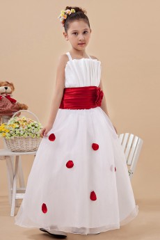 Satin Straps Neckline Ankle-Length A-Line Dress with Hand-made Flower