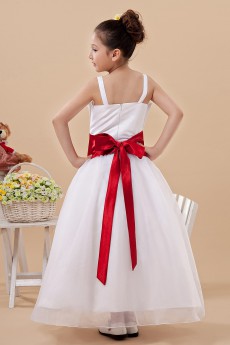 Satin Straps Neckline Ankle-Length A-Line Dress with Hand-made Flower