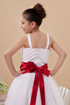 Satin Straps Neckline Ankle-Length A-Line Dress with Hand-made Flower