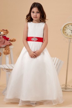 Satin and Organza Jewel Neckline Ankle-Length A-Line Dress with Beaded