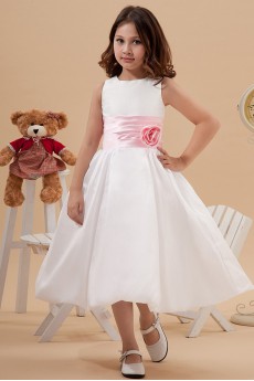 Taffeta Scoop Neckline Tea-Length Ball Gown Dress with Manual Flower