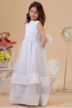 Organza and Satin Jewel Neckline Ankle-Length A-Line Dress with Bow
