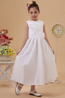 Taffeta Jewel Neckline Ankle-Length A-Line Dress with Hand-made Flower