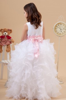 Satin and Organza Jewel Neckline Floor Length A-Line Dress with Bow