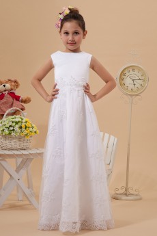 Satin and Lace Jewel Neckline Floor Length A-line Dress with Ruffle