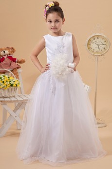 Satin and Tulle Jewel Neckline Floor Length A-Line Dress