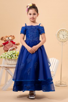 Organza Straps Neckline Ankle-Length A-line Dress with Embroidery and Short Sleeves