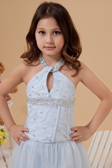 Tulle Halter Neckline Floor Length A-Line Dress with Beaded