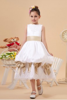 Satin and Lace Jewel Neckline Tea-Length A-Line Dress with Bow