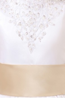 Satin and Lace Jewel Neckline Tea-Length A-Line Dress with Bow