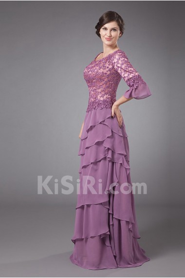Chiffon and Lace Scoop Neckline Floor Length A-line Dress