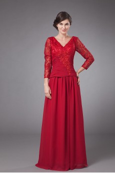 Chiffon V-Neckline Floor Length Empire Dress with Long Sleeves