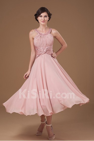 Chiffon Halter Neckline Tea-length Column Dress with Beaded and Ruffle