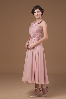 Chiffon Halter Neckline Tea-length Column Dress with Beaded and Ruffle