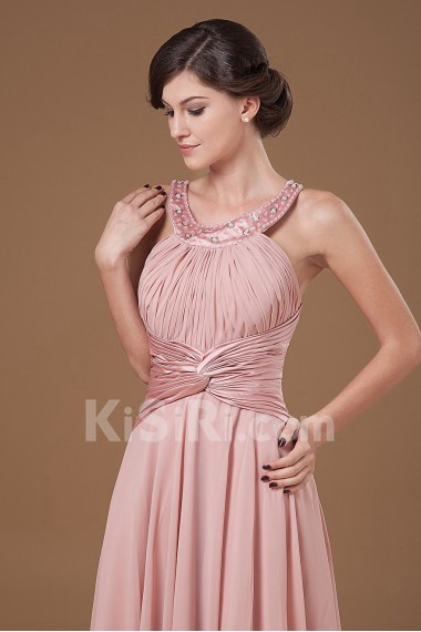 Chiffon Halter Neckline Tea-length Column Dress with Beaded and Ruffle