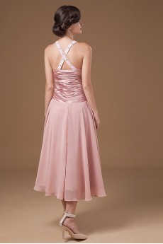 Chiffon Halter Neckline Tea-length Column Dress with Beaded and Ruffle