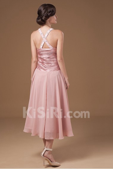 Chiffon Halter Neckline Tea-length Column Dress with Beaded and Ruffle