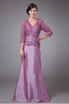 Taffeta and Lace V-Neckline Floor Length A-line Dress with Three-quarter Sleeves