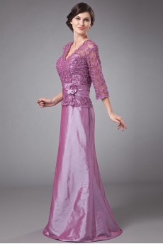 Taffeta and Lace V-Neckline Floor Length A-line Dress with Three-quarter Sleeves