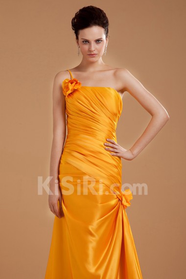 Taffeta One-Shoulder Floor Length Sheath Dress with Hand-made Flower