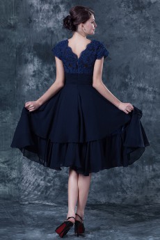 Chiffon and Lace Square Neckline Short Dress with Cap-Sleeves