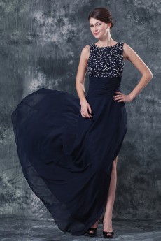 Chiffon Round Neckline A-line Dress with Beaded