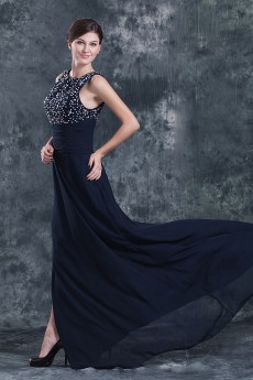 Chiffon Round Neckline A-line Dress with Beaded