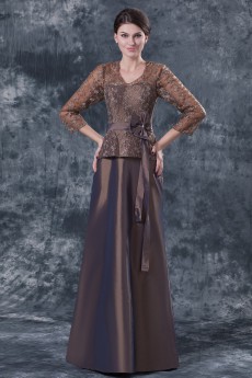 Taffeta and Lace V-Neckline Floor Length A-line Dress with Three-quarter Sleeves