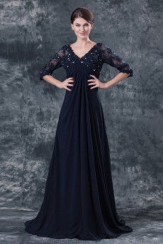 Chiffon V-Neckline Empire Dress with Three quarter Sleeves