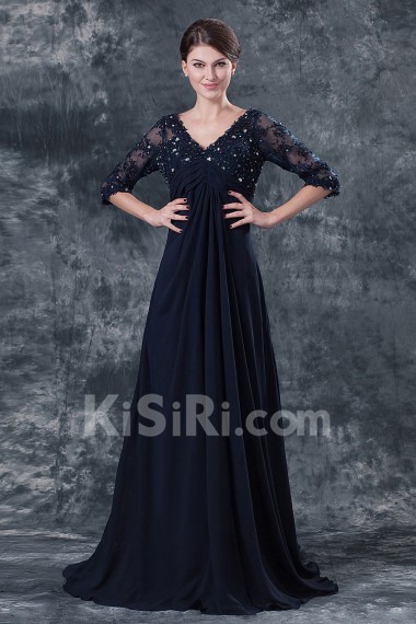 Chiffon V-Neckline Empire Dress with Three quarter Sleeves