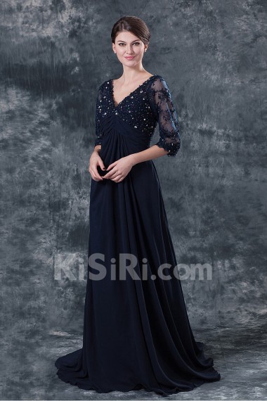 Chiffon V-Neckline Empire Dress with Three quarter Sleeves