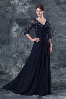 Chiffon V-Neckline Empire Dress with Three quarter Sleeves