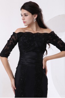 Taffeta and Lace Off-the-shoulder Short Mermaid Dress with Beaded and Half-Sleeves