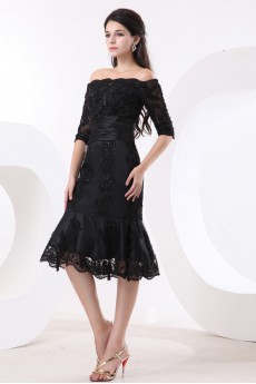 Taffeta and Lace Off-the-shoulder Short Mermaid Dress with Beaded and Half-Sleeves