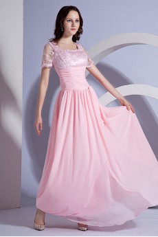 Chiffon Square Neckline Floor Length Dress with Embroidery and Short Sleeves