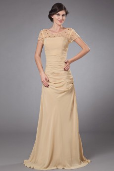 Chiffon Round Neckline A-line Dress with Beaded and Cap-Sleeves