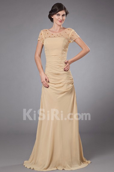 Chiffon Round Neckline A-line Dress with Beaded and Cap-Sleeves